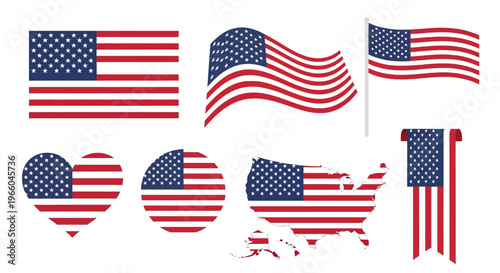 Various styles of american flags: heart and map shapes with waving and hanging designs