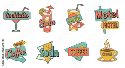 Retro beverage and travel signs with vintage style and bold colors
