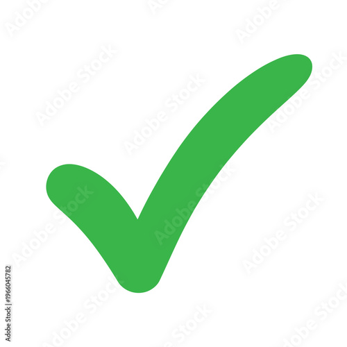 A vibrant green checkmark symbol dominates a stark white background representing confirmation or approval high quality