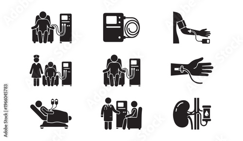 Hemodialysis kidney treatment icons - dialysis machine patient healthcare