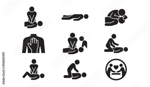 First aid & cpr resuscitation icons set - emergency life saving procedures