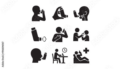 Asthma and inhaler icons set for respiratory health and medical treatment