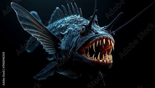 A fearsome deep-sea anglerfish-like creature with a menacing open mouth and razor-sharp teeth in the dark abyss.