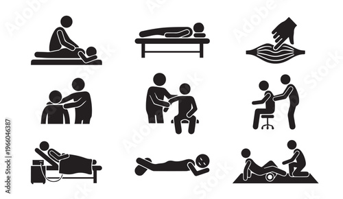 Physical therapy and rehabilitation icons: patient, therapist, recovery symbols