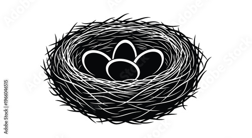 A detailed illustration of a bird s nest containing four eggs rendered as a striking black silhouette high quality professional modern elegant