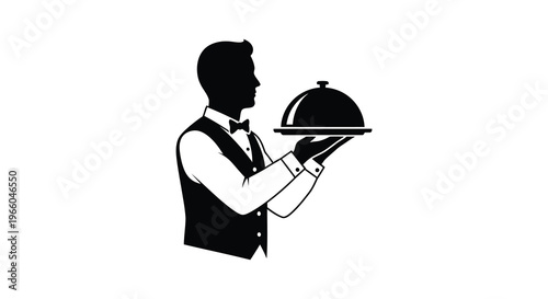 A waiter presenting a covered dish on a silver platter depicted in a striking black and white silhouette high quality professional