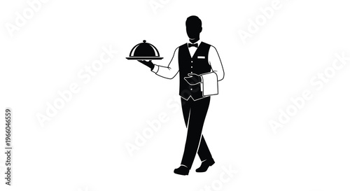 A black silhouette of a waiter holding a covered dish on a silver platter appearing to serve silhouette high quality professional