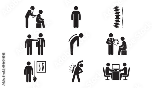 Chiropractic spine health medical icons: back pain and posture pictograms