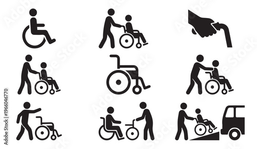 Wheelchair accessibility icons: disability, assistance, care, and mobility