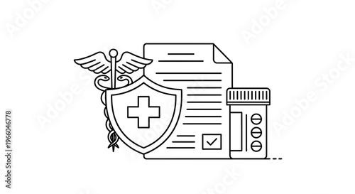 Health Insurance Concept: Caduceus, Shield, Document, and Pills