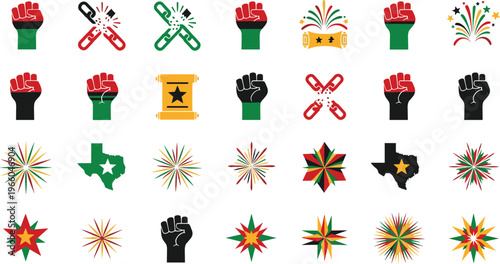 Juneteenth celebration icons with fists stars and Texas symbols