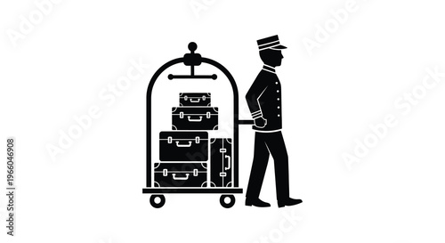 A black silhouette depicts a hotel bellhop with luggage on a cart representing hospitality and travel services silhouette high quality professional