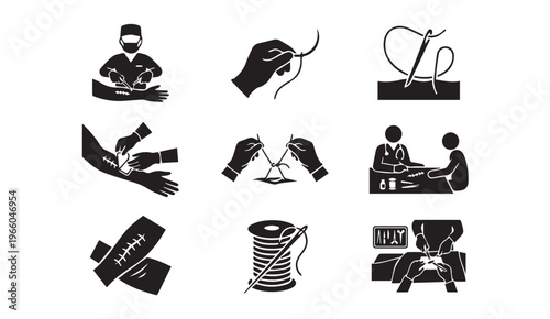 Surgical suturing icons: medical operation, wound repair, and healthcare