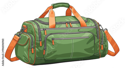 Green duffel bag with orange straps on white background