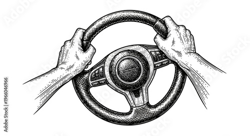 Detailed sketch of hands on steering wheel in black and white line art