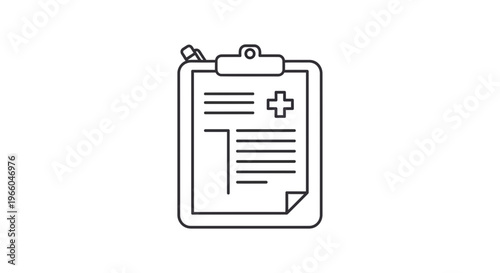 Medical Record Clipboard with Pen and Plus Sign Icon, Healthcare Document Outline