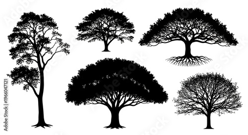 Diverse tree silhouettes set featuring roots, branches, and foliage