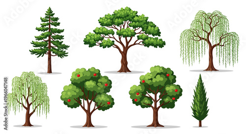 Diverse collection of stylized trees in flat design featuring evergreens and fruit-bearing varieties