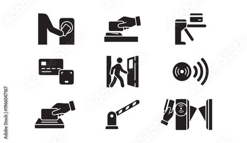 Access control security icons set: keycard entry, fingerprint scan, gate barrier