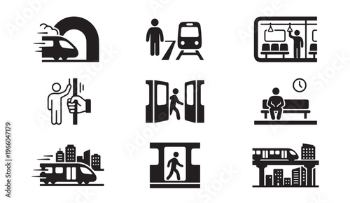 Public transportation train and subway commute travel flat icon set
