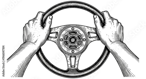 Hand-drawn steering wheel with hands in vintage engraving style