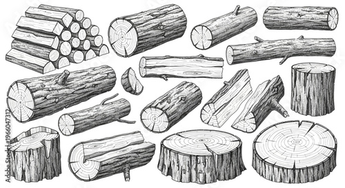 Intricate hand-drawn logs and stumps collection for nature enthusiasts