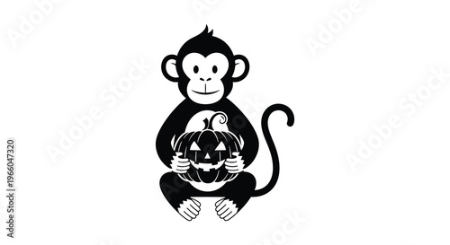 A charming black silhouette of a monkey lovingly holding a carved jack o lantern perfect for halloween imagery high quality professional detailed modern