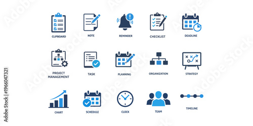 Project management icon set, business planning, task checklist, deadline, strategy, team, timeline and analytics symbols, modern solid vector collection