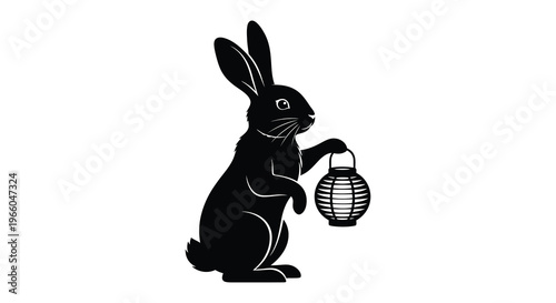 A striking black silhouette depicts a rabbit holding a glowing lantern creating a serene nighttime scene silhouette high quality professional detailed