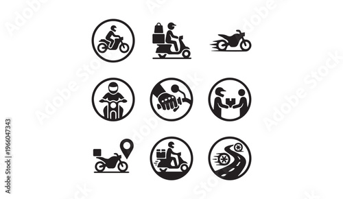 Motorcycle delivery service and scooter rider flat icon set