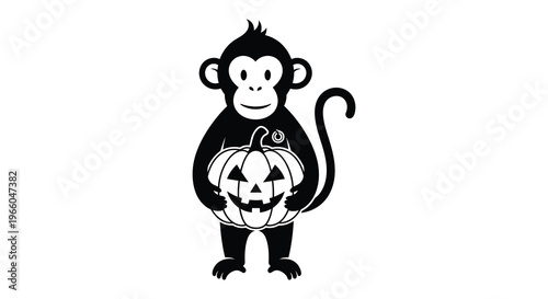 A charming black silhouette of a monkey holding a jack o lantern perfect for autumn or halloween designs high quality professional detailed modern