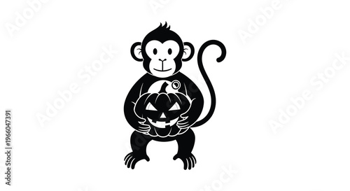 A charming black silhouette of a monkey holding a jack o lantern perfect for halloween designs or autumn themes silhouette high quality professional