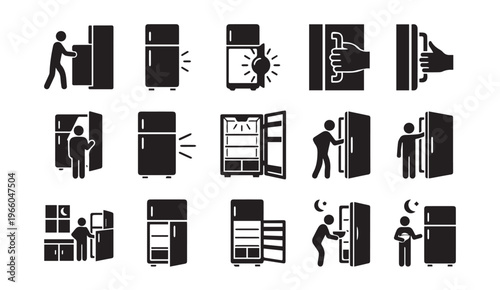 Refrigerator usage food storage and kitchen appliances black pictogram set