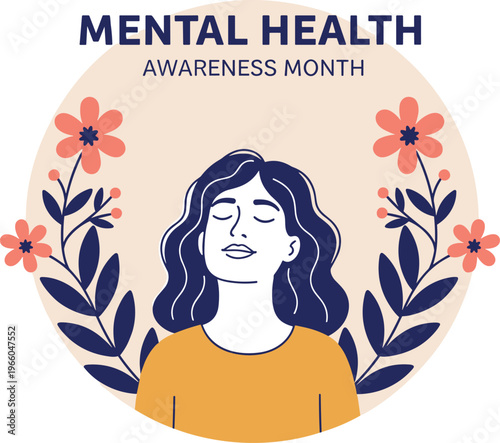 Mental health awareness month vector illustration with peaceful woman face, floral decoration and self care wellness concept background