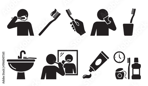 Oral hygiene morning routine and dental care black stick figure icons