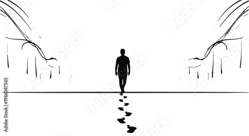 man walking alone on a path with footprints
