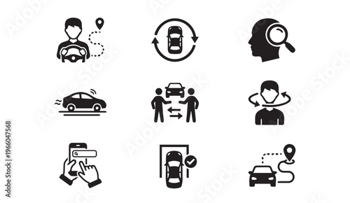 Car services & sharing icons set: gps navigation, rental, parking, driver