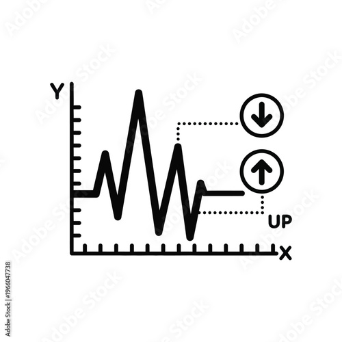 Minimalist black line graph icon illustrating market volatility, price fluctuations, and data analysis on an X-Y axis for financial reporting and business performance tracking.