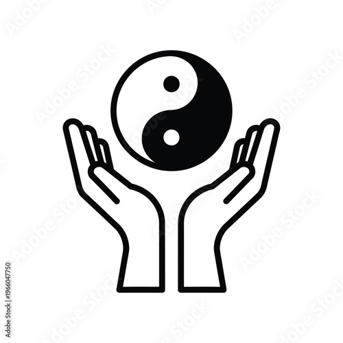 Minimalist black and white icon of human hands gently cupping a Yin Yang symbol, representing the concept of finding balance, harmony, and spiritual wellness in life.