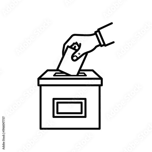 Minimalist line art icon of a hand putting a ballot paper into a voting box for a democratic election