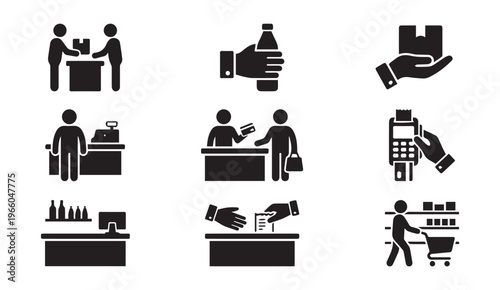Retail shopping and checkout icon set featuring cashier payment and supermarket