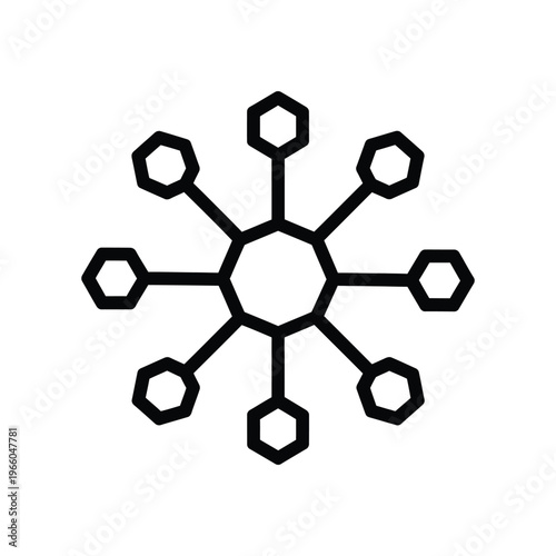 Minimalist black line icon representing a decentralized network hub with radiating nodes for technology, blockchain, and data connectivity concepts.