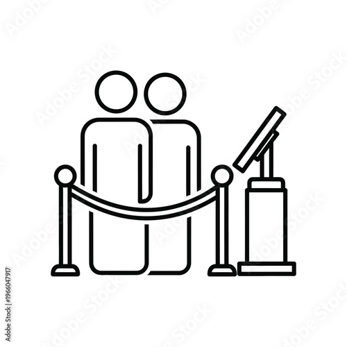 Minimalist line icon depicting two people standing in a queue behind a stanchion barrier at an information kiosk or museum exhibit entrance