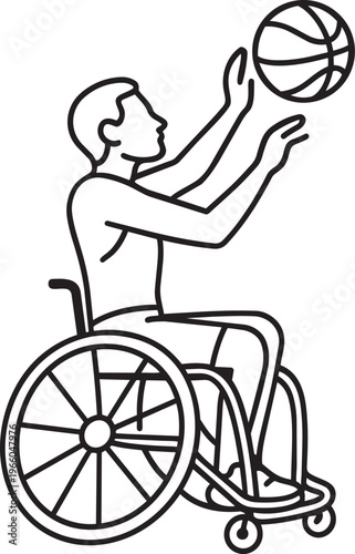 Disabled athlete in wheelchair playing basketball sport representing physical activity and competitive recreation vector line icon illustration