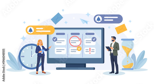 People with calendar on computer screen. Time management, organization efficiency. Reminder for workflow control. Characters planning work tasks for productivity, filling check list, making schedule