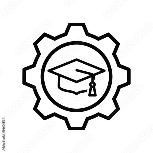 Minimalist black line icon of a graduation cap inside a mechanical gear, symbolizing technical education, vocational training, and the engineering of academic success.
