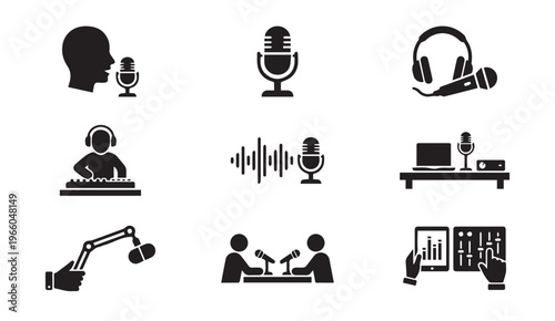 Podcast and audio recording icons set with microphone and studio equipment