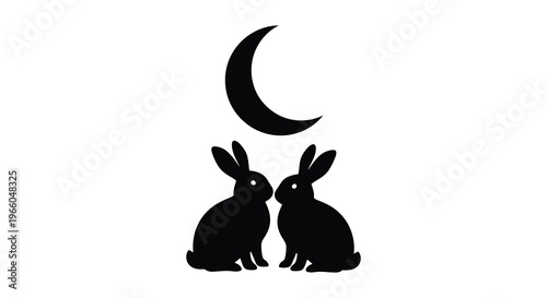 Two black rabbits sit facing each other beneath a crescent moon creating a striking nighttime silhouette high quality professional detailed modern