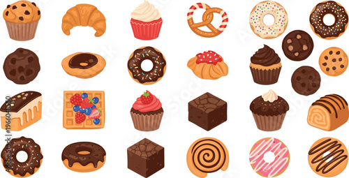 Dessert Icon Set Featuring Donuts, Cupcakes, Cookies, Brownies, and Sweet Treats for Bakery, Dessert, and Snack Themes