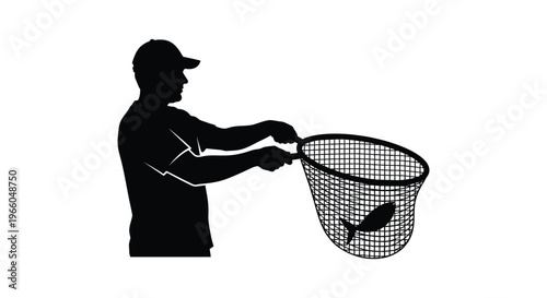 A fisherman holding a net with a caught fish depicted as a striking black silhouette high quality professional detailed modern elegant